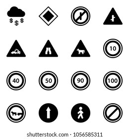 Solid vector icon set - money rain vector, main road sign, no parkin odd, intersection, car crash, narrows, cow, speed limit 10, 40, 50, 90, 100, cart horse, only forward, pedestrian way, parking