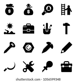 Solid vector icon set - money bag vector, head hunter, opportunity, reading, case, casting of steel, hammer, screw, nut, pencil, sickle, wrench screwdriver, oiler, tool box