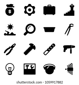 Solid vector icon set - money bag vector, gear, case, success, reading, magnifier, basin, plumber, pliers, screw, drill, machine, bulb, tool box, protect glass, allen key set