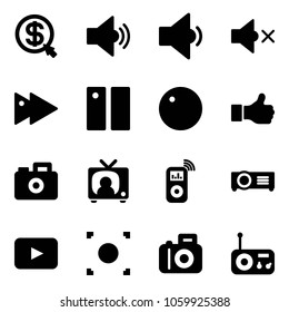 Solid vector icon set - money click vector, volume medium, low, off, fast forward, pause, record, like, camera, tv news, music player, projector, playback, button, radio