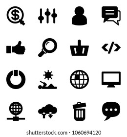 Solid vector icon set - money click vector, settings, user, chat, like, magnifier, basket, tag code, standby, reading, globe, monitor, cloud exchange data, trash bin