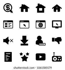 Solid vector icon set - money click vector, home, website, cursor browser, globe, monitor, volume off, download, user password, dislike, document, stars, playback, radio