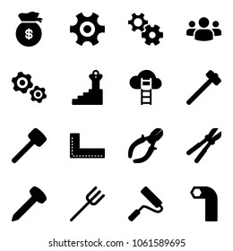 Solid vector icon set - money bag vector, gear, group, gears, success, cloud ladder, sledgehammer, rubber hammer, corner ruler, side cutters, bolt cutter, nail, farm fork, paint roller, allen key