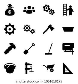Solid vector icon set - money bag vector, group, gears, opportunity, gear, axe, basin, screw, shovel, rake, jig saw, protect glass, clamp, wheelbarrow, corner ruler