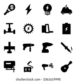 Solid vector icon set - money torch vector, lightning, idea, electric car, gyroscope, sun power, water plant, battery, milling cutter, drill machine, soldering iron, jig saw, welding, dryer, guitar