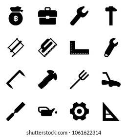 Solid vector icon set - money bag vector, portfolio, wrench, hammer, bucksaw, trowel, corner ruler, staple, screw, farm fork, lawn mower, rasp, oiler, gear