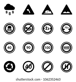 Solid vector icon set - money rain vector, turn left road sign, climb, rough, no dangerous cargo, horn, limited width, distance, speed limit 40, 90, 100, customs, circle, end, parking, even