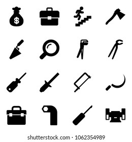 Solid vector icon set - money bag vector, portfolio, career, axe, trowel, magnifier, plumber, screwdriver, clinch, metal hacksaw, sickle, tool box, allen key, awl, sharpening