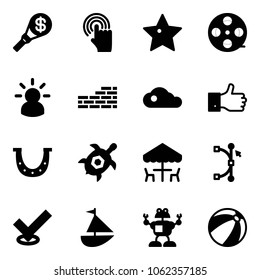 Solid vector icon set - money torch vector, hand cursor, star, film coil, idea, brick wall, cloud, finger up, luck, sea turtle, outdoor cafe, bezier, check, sailboat toy, robot, beach ball