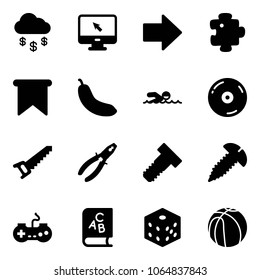 Solid vector icon set - money rain vector, monitor cursor, right arrow, puzzle, flag, banana, swimming, cd, saw, pliers, bolt, screw, gamepad, abc book, bones, basketball