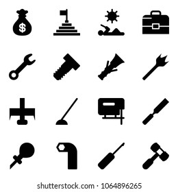 Solid vector icon set - money bag vector, pyramid flag, reading, case, wrench, bolt, dowel, wood drill, milling cutter, hoe, jig saw, rasp, oiler, allen key, awl, toy hammer