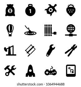 Solid vector icon set - money bag vector, gold medal, sea turtle, strawberry, air balloon, fishing, sun panel, globe, oil derrick, bucksaw, wrench, bolt cutter, hammer, rocket, gamepad, game console