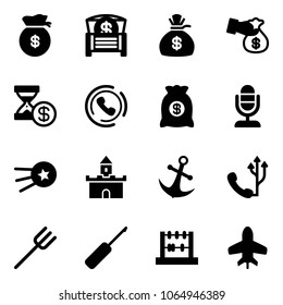Solid vector icon set - money bag vector, chest, encashment, account history, phone horn, microphone, first satellite, sand fort, anchor, farm fork, awl, abacus, toy plane
