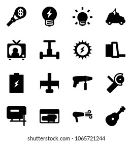 Solid vector icon set - money torch vector, idea, bulb, electric car, tv news, gyroscope, sun power, water plant, battery, milling cutter, drill machine, Angular grinder, jig saw, generator, dryer