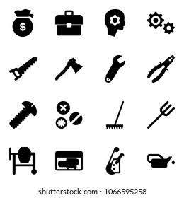 Solid vector icon set - money bag vector, portfolio, brain work, gear, saw, axe, wrench, pliers, screw, rivet, rake, farm fork, cocncrete mixer, generator, winch, oiler