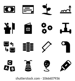 Solid vector icon set - money vector, schedule, sproute, growth, speaker, passport, flower, gyroscope, data exchange, carbon, metal hacksaw, allen key, abc cube, pyramid toy, balloon smile, marker