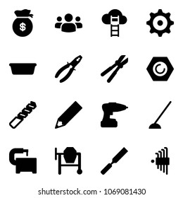 Solid vector icon set - money bag vector, group, cloud ladder, gear, basin, pliers, bolt cutter, nut, drill, pencil, hoe, machine tool, cocncrete mixer, rasp, allen key set