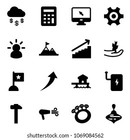 Solid vector icon set - money rain vector, calculator, monitor cursor, gear, idea, attainment, growth, hand sproute, flag, bungalow, power bank, hammer, dryer, beanbag, wirligig toy