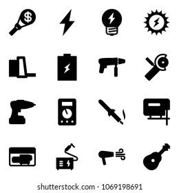 Solid vector icon set - money torch vector, lightning, idea, sun power, water plant, battery, drill machine, Angular grinder, multimeter, soldering iron, jig saw, generator, welding, dryer, guitar