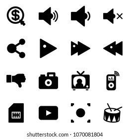 Solid vector icon set - money click vector, volume medium, low, off, share, play, fast forward, backward, dislike, camera, tv news, music player, sim, playback, record button, drum