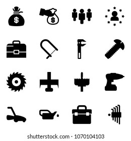 Solid vector icon set - money bag vector, encashment, group, star man, case, fretsaw, screw, saw disk, milling cutter, crown drill, lawn mower, oiler, tool box, allen key set