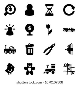 Solid vector icon set - money search vector, user, sand clock, reload, idea, tree, tulip, cabrio, moon rover, trash bin, pliers, allen key set, chicken toy, bear, train, Tic tac toe