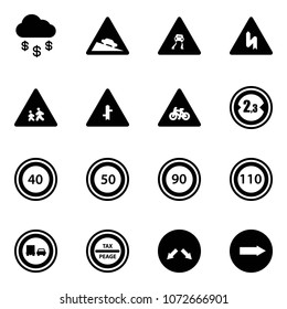 Solid vector icon set - money rain vector, steep descent road sign, slippery, children, intersection, for moto, limited width, speed limit 40, 50, 90, 110, no truck overtake, tax peage, detour