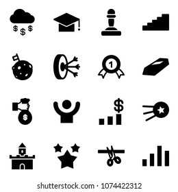 Solid vector icon set - money rain vector, graduate hat, pawn, stairs, moon flag, solution, gold medal, rich, success, dollar chart, first satellite, sand fort, stars, opening