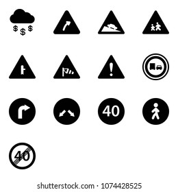 Solid vector icon set - money rain vector, turn right road sign, steep descent, children, intersection, side wind, attention, no truck overtake, only, detour, minimal speed limit, pedestrian way