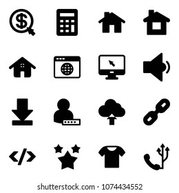 Solid vector icon set - money click vector, calculator, home, browser globe, monitor cursor, low volume, download, user password, upload cloud, link, tag code, stars, t shirt, phone