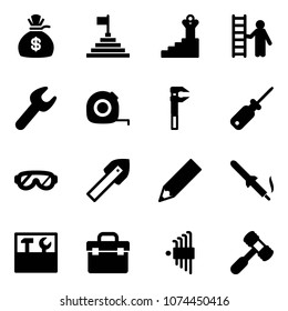 Solid vector icon set - money bag vector, pyramid flag, success, opportunity, wrench, measuring tape, screwdriver, protective glasses, tile drill, pencil, soldering iron, tool box, allen key set