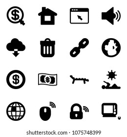 Solid vector icon set - money click vector, home, cursor browser, volume medium, download cloud, trash bin, link, globe, dollar, lounger, reading, mouse wireless, lock, monoblock pc