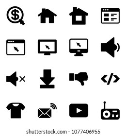 Solid vector icon set - money click vector, home, website, cursor browser, monitor, low volume, off, download, dislike, tag code, t shirt, wireless mail, playback, radio