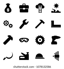 Solid vector icon set - money bag vector, portfolio, cloud ladder, reading, gear, wrench, hammer, corner ruler, screw, protective glasses, saw disk, drill, sickle, stapler, construction helmet