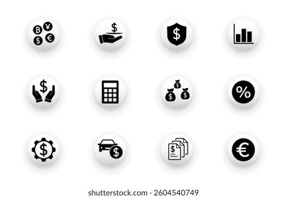 Solid vector icon set with money bag, bank, currency, accounting, finance icons.