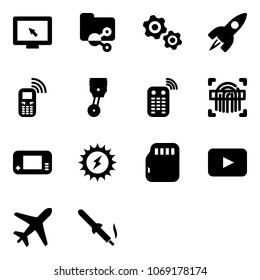Solid vector icon set - monitor cursor vector, shared folder, gears, rocket, mobile phone, piston, remote control, fingerprint scanner, game console, sun power, micro flash card, playback, plane