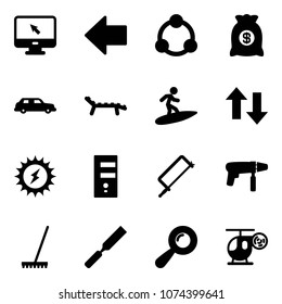 Solid vector icon set - monitor cursor vector, left arrow, community, money bag, limousine, lounger, surfing, up down arrows, sun power, server, metal hacksaw, drill machine, rake, rasp, beanbag