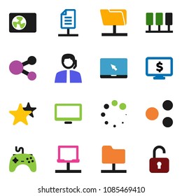solid vector icon set - monitor dollar vector, support, gamepad, notebook pc, favorites, server, network, folder, share, loading, document, unlock