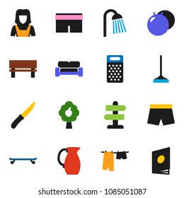 solid vector icon set - mop vector, drying clothes, shower, cleaner woman, knife, grater, jug, fitball, shorts, skateboard, signpost, bench, fruit tree, cushioned furniture, catalog