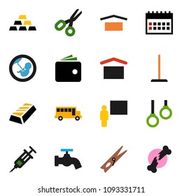 solid vector icon set - mop vector, clothespin, water tap, blackboard, scissors, school bus, gold ingot, wallet, calendar, gymnast rings, dry cargo, pregnancy, syringe, broken bone