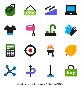 solid vector icon set - mop vector, rubber glove, water tap, mixer, bbq, calculator, notebook pc, leaf, t shirt, stairways run, route, network, attachment, open, target, buy