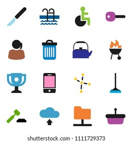 solid vector icon set - mop vector, trash bin, kettle, bbq, award cup, constellation, auction, pool, support, mobile phone, disabled, scalpel, network folder, cloud upload, key, basket