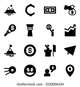 Solid vector icon set - mountains vector, cent, dollar, encashment, money torch, award, world, growth, mountain, speaker, paper fly, first satellite, smile, dialog, atm map pin