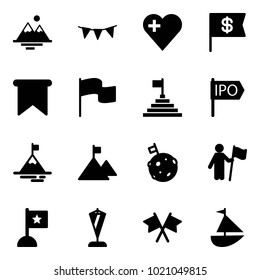 Solid vector icon set - mountains vector, flag garland, heart, dollar, pyramid, ipo, mountain, moon, win, pennant, flags cross, sailboat toy