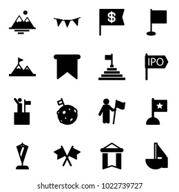 Solid vector icon set - mountains vector, flag garland, dollar, attainment, pyramid, ipo, win, moon, pennant, flags cross, sailboat toy