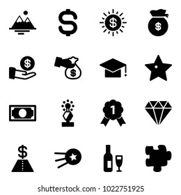 Solid vector icon set - mountains vector, dollar sign, sun, money bag, investment, encashment, graduate hat, star, award, gold medal, diamond, first satellite, wine, puzzle