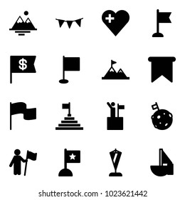 Solid vector icon set - mountains vector, flag garland, heart, dollar, attainment, pyramid, win, moon, pennant, sailboat toy