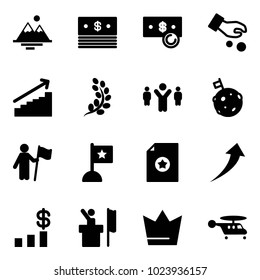Solid vector icon set - mountains vector, dollar, cash, investment, growth, golden branch, team leader, moon flag, win, certificate, chart, speaker, crown, helicopter