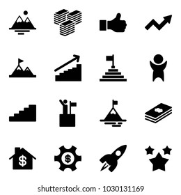 Solid vector icon set - mountains vector, big cash, like, growth arrow, attainment, pyramid flag, success, stairs, win, mountain, dollar, home, money managemet, rocket, stars