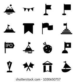 Solid vector icon set - mountains vector, flag garland, attainment, pyramid, ipo, mountain, moon, pennant, flags cross, sailboat toy